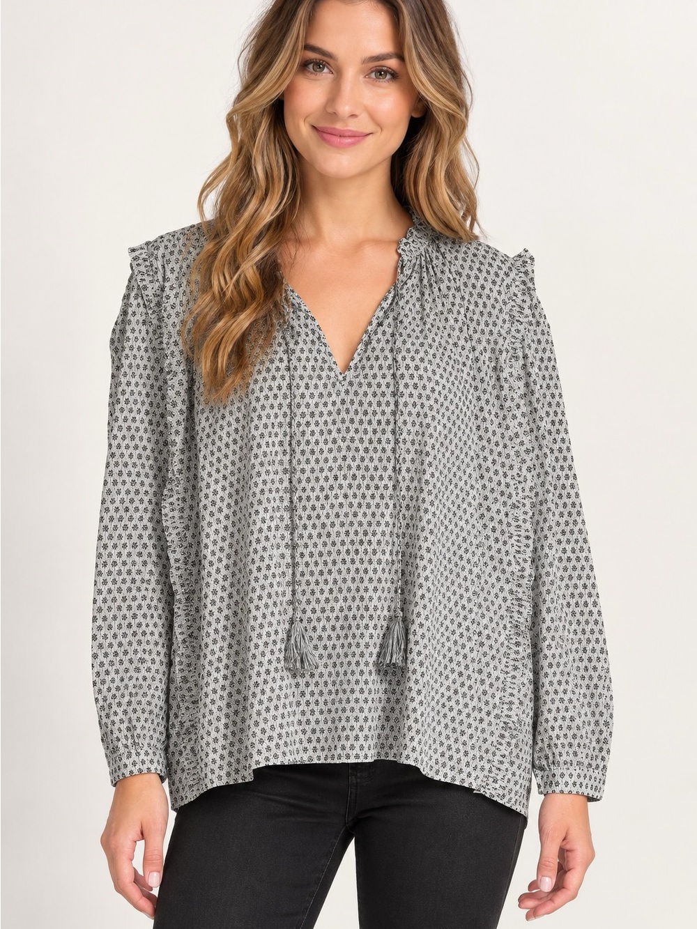 Sundays Summerton Printed Peasant Top Black Ivory Tassel Tie Women Size S